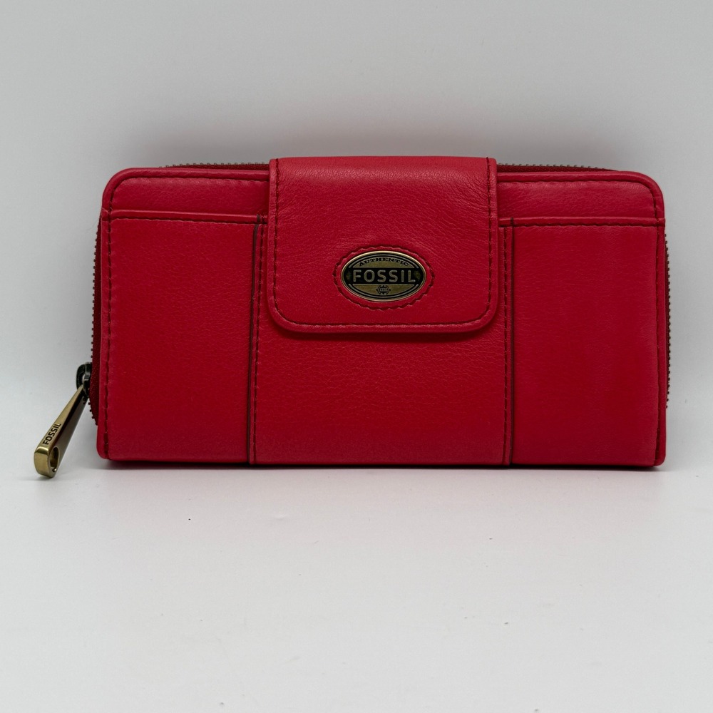 Fossil Zip Around Clutch Wallet Womens Red Leather Antique Brass Logo